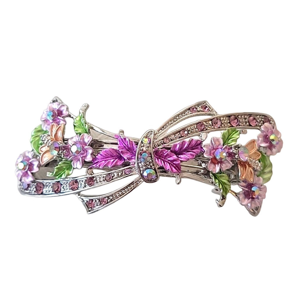 Rhinestone and Metal Floral Hair Clip Pink Green Orange 4" - For Parts Only